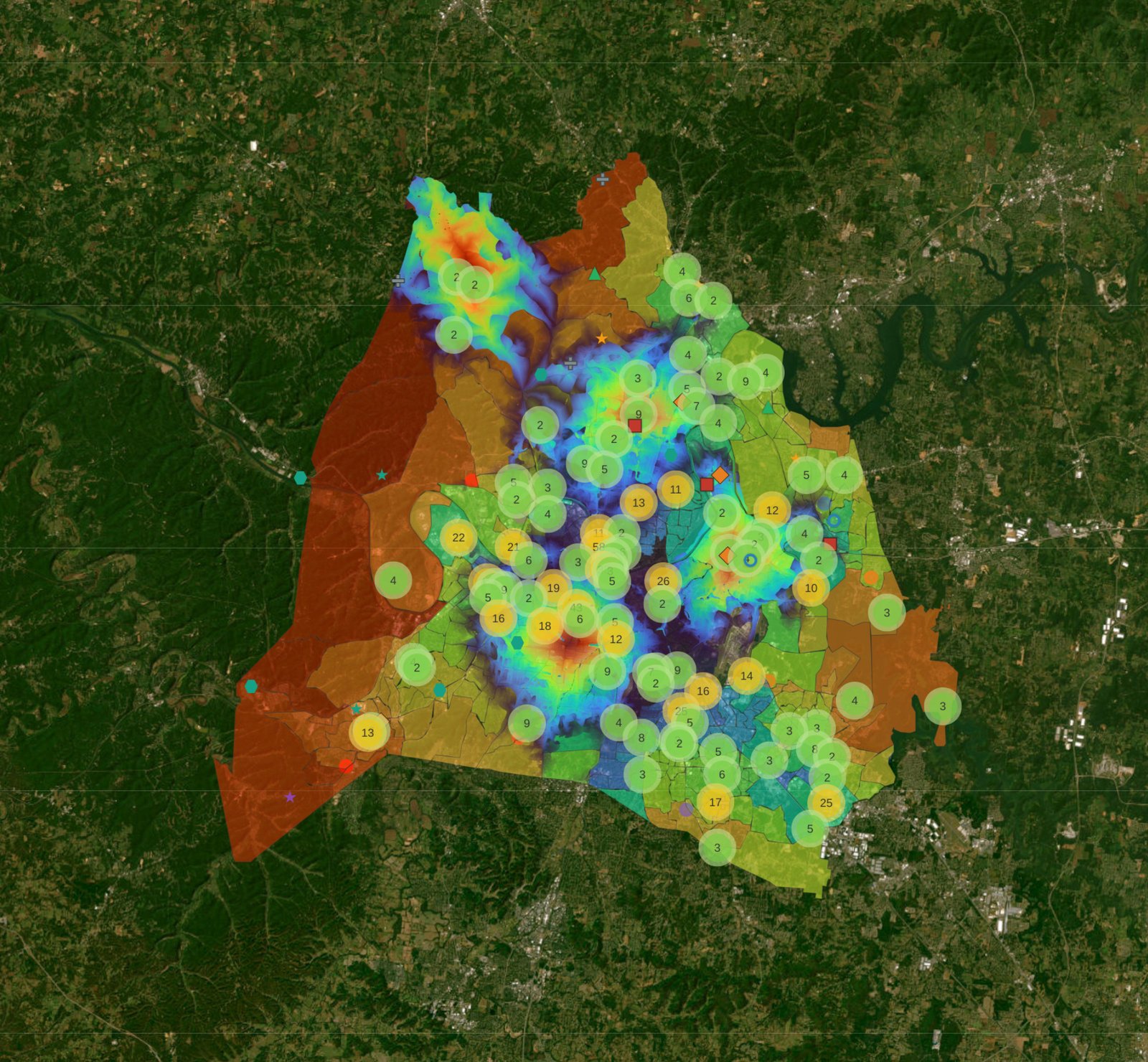 Regional real estate analysis showing colored zones and clustered location markers.